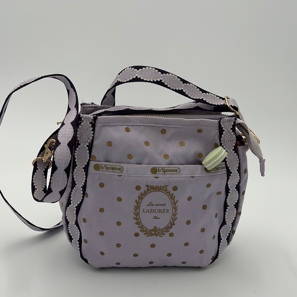 LeSportsac x Ladurée Polka Dot Crossbody Shoulder Bag Purple Gold Rare - Picture 2 of 7
